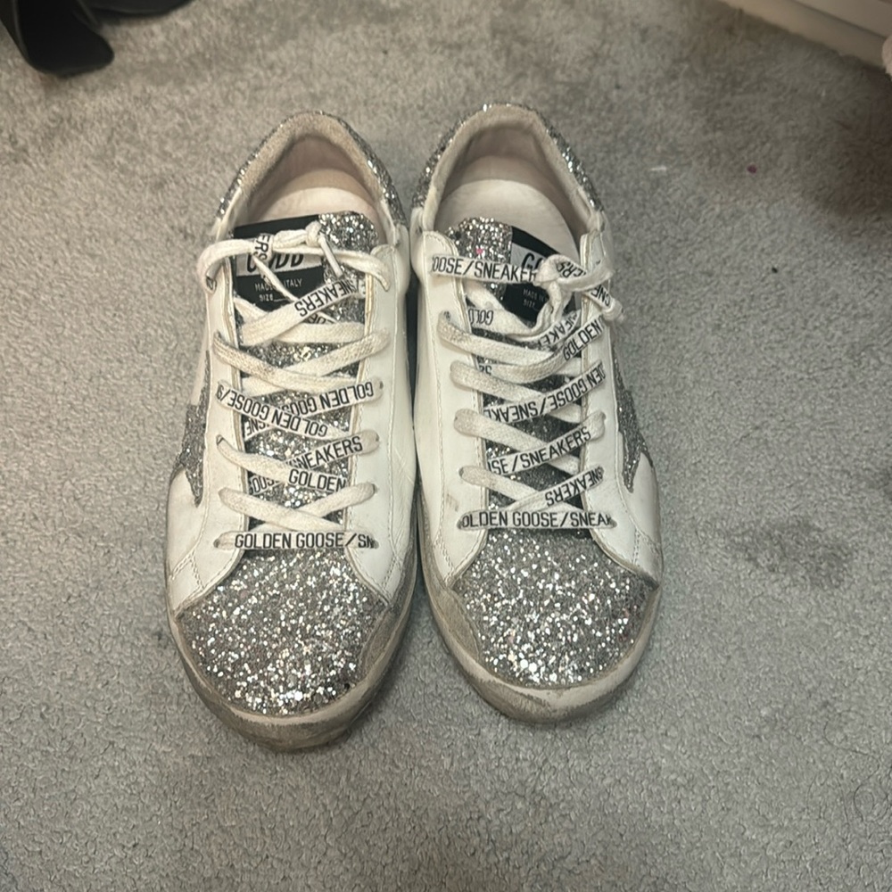 Golden Goose size 40 white leather and silver glitter